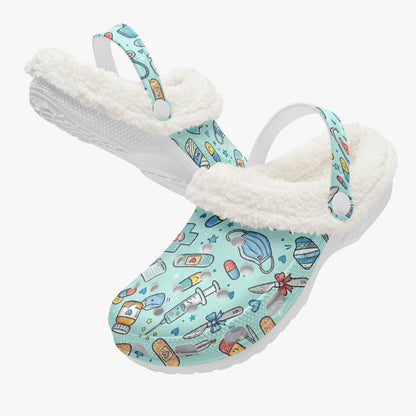 Blue medical-print slide sandals with white fuzzy lining and white outsole