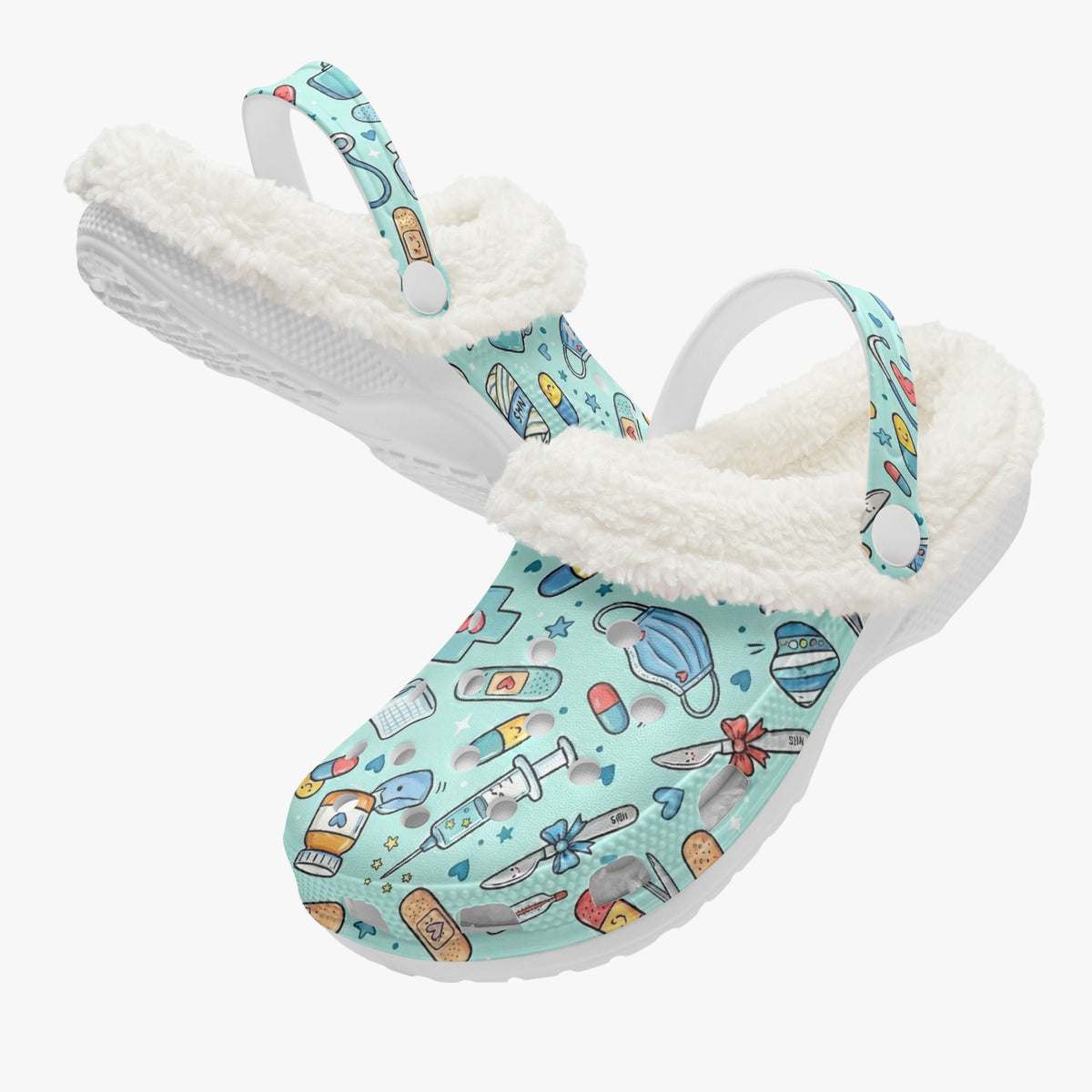 Teal medical-themed slide sandal with white plush fur lining and thick white sole
