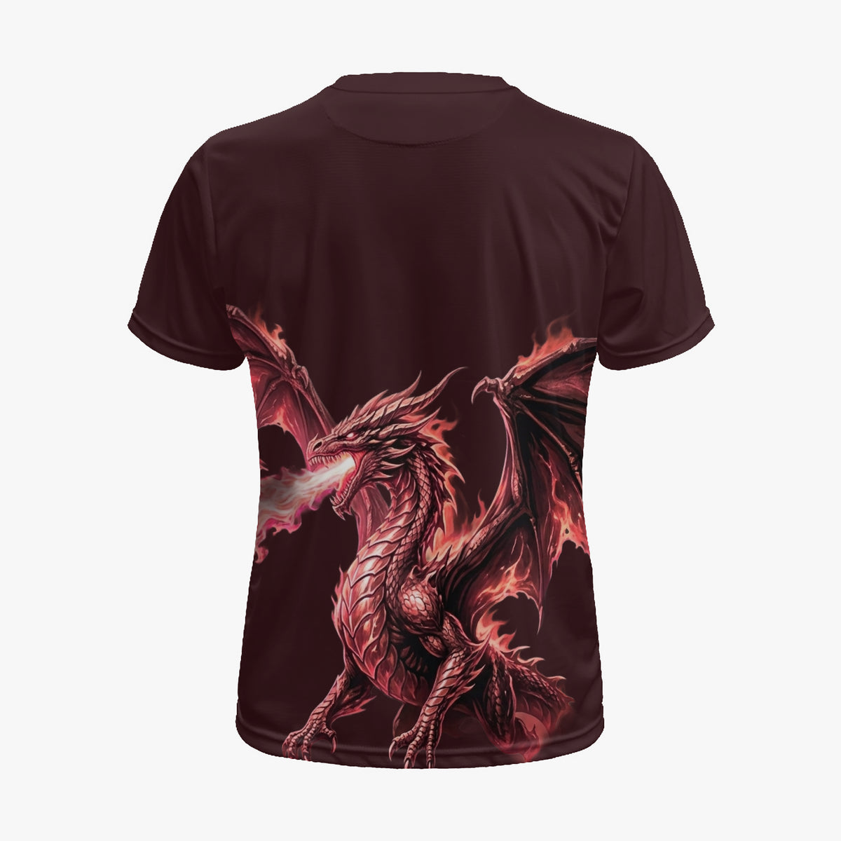 Dark maroon sports jersey with large back dragon and flame graphic