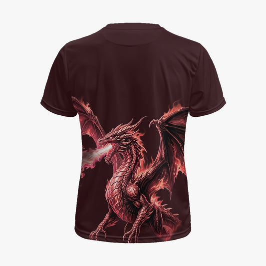 Dark maroon sports jersey with large back dragon and flame graphic