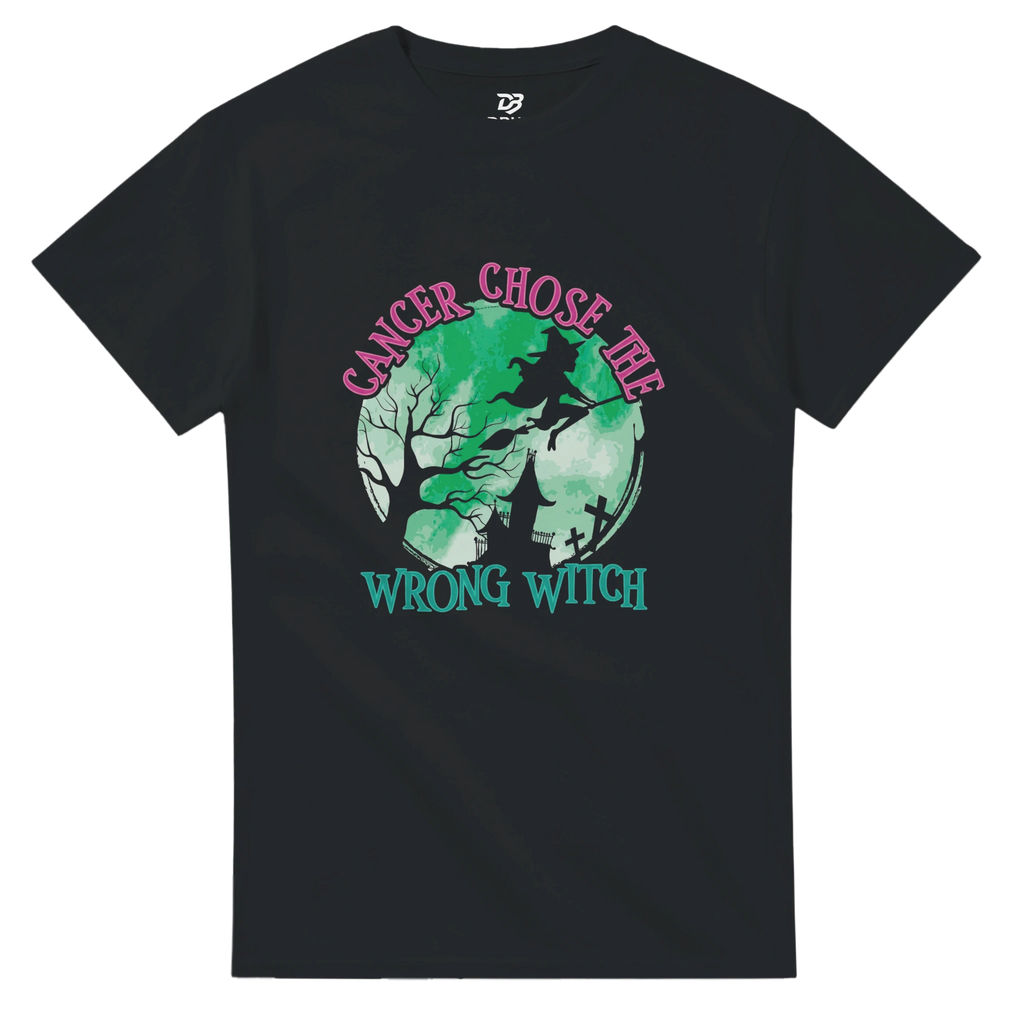 Black unisex t-shirt with green witch graphic and pink "CANCER CHOSE THIS" text