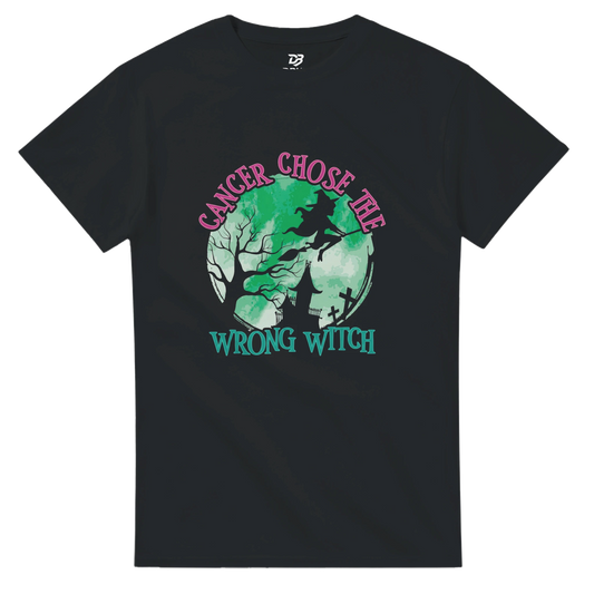 Black unisex t-shirt with green witch graphic and pink "CANCER CHOSE THIS" text