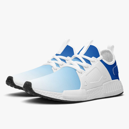 Lightweight athletic sneakers, white with light blue and blue panels, lace-up