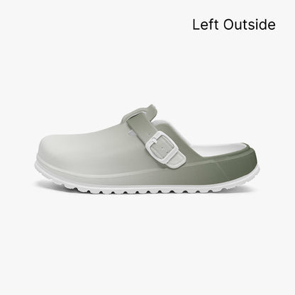 Single slip-on clog with dark green outer side panel and white buckle strap