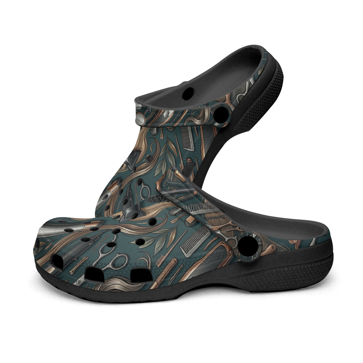 Slip-on clog with heel strap, dark sole, teal and brown tool-print