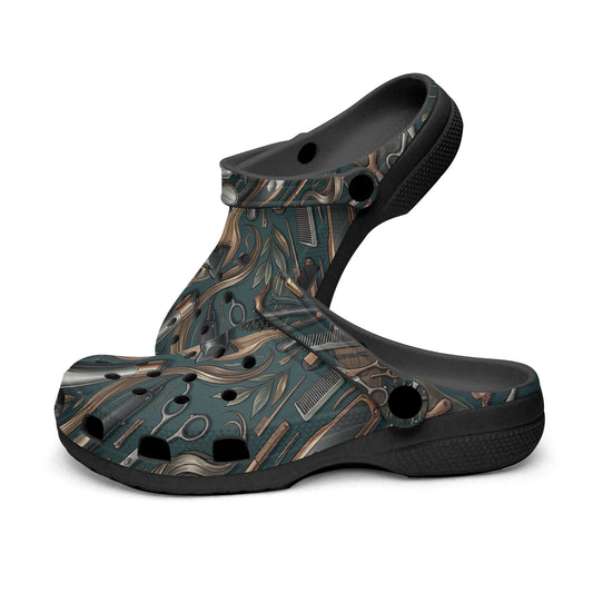 Slip-on clog with heel strap, dark sole, teal and brown tool-print