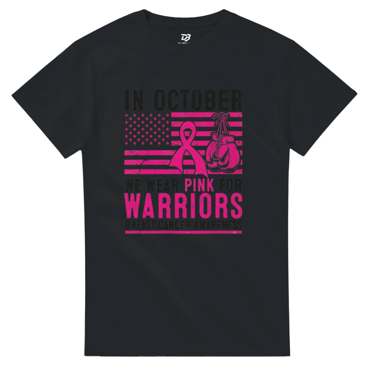 Black unisex t-shirt with pink “IN OCTOBER” breast cancer awareness graphic