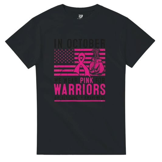 Black unisex t-shirt with pink “IN OCTOBER” breast cancer awareness graphic