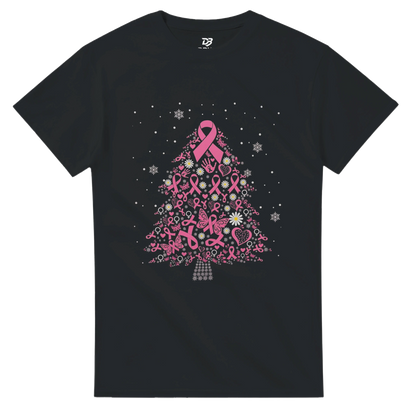 Black tee shirt with pink ribbon Christmas tree graphic and snowflake dots
