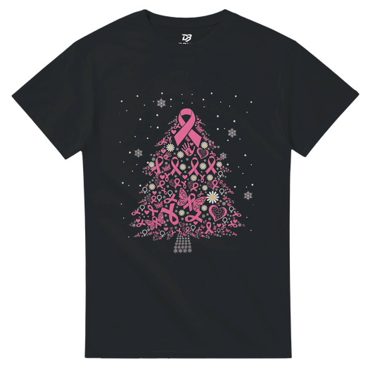 Black tee shirt with pink ribbon Christmas tree graphic and snowflake dots