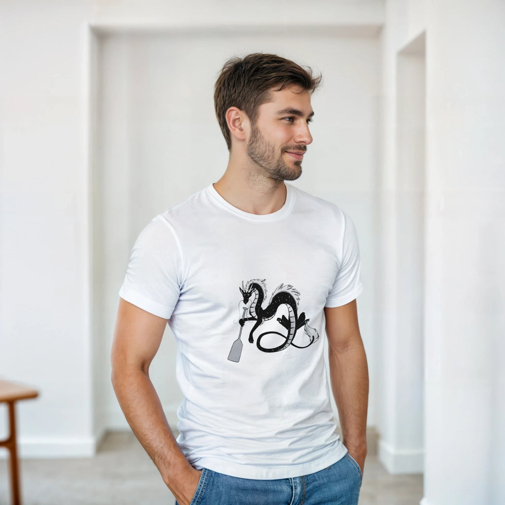 White unisex crewneck T-shirt with dragon paddle and ring graphic, model in profile