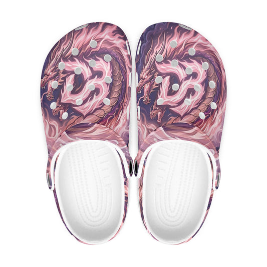 Pink all-over print clogs with white footbed and round vent holes