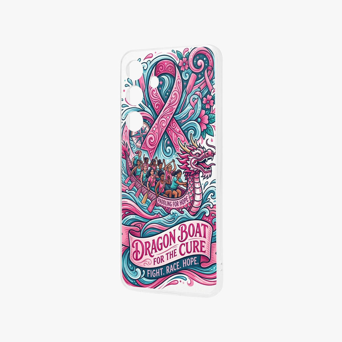 Samsung Galaxy S25 phone case with heart-shaped dragon boat illustration on white background.