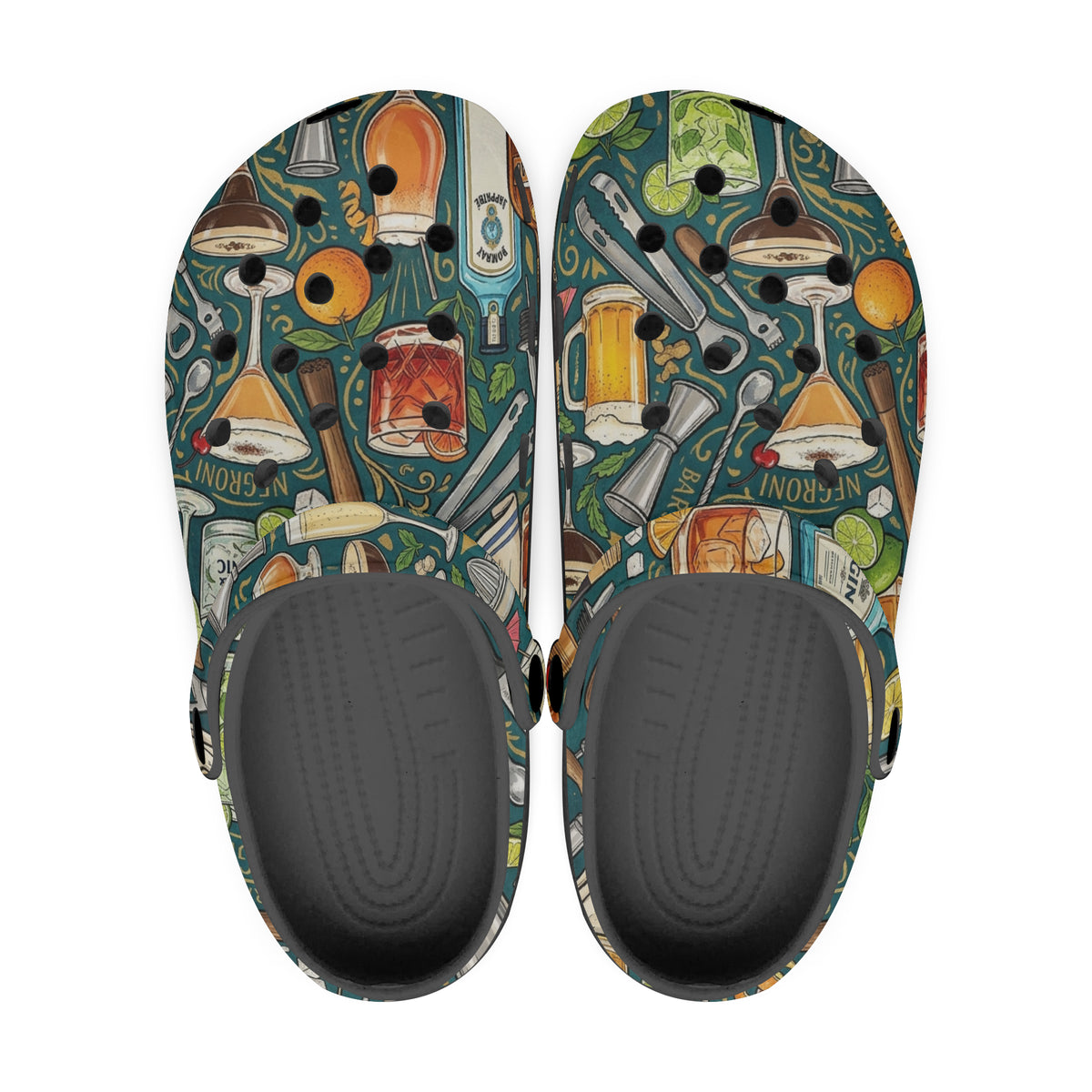 Pair of patterned slip-on clogs shown from the top with black heel backing