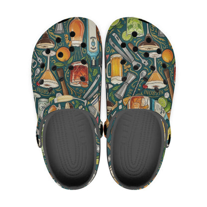 Pair of patterned slip-on clogs shown from the top with black heel backing