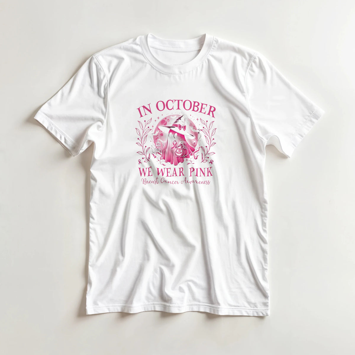 White crewneck unisex T-shirt with pink awareness graphic and floral wreath front