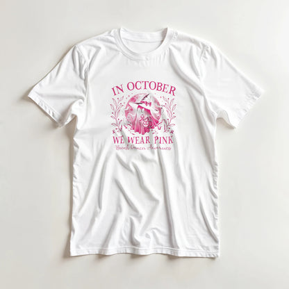 White crewneck unisex T-shirt with pink awareness graphic and floral wreath front