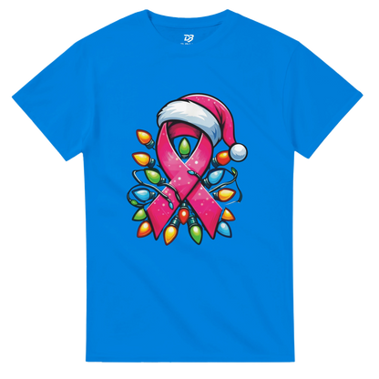 Blue crewneck T-shirt with pink ribbon character graphic and colorful Christmas lights