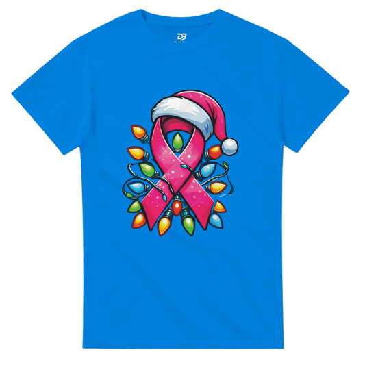 Blue crewneck T-shirt with pink ribbon character graphic and colorful Christmas lights