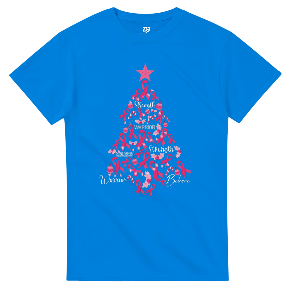 Blue crew-neck T-shirt with pink ribbon Christmas tree graphic on the front