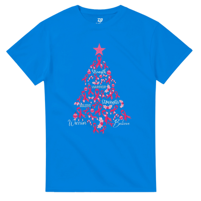 Blue crew-neck T-shirt with pink ribbon Christmas tree graphic on the front