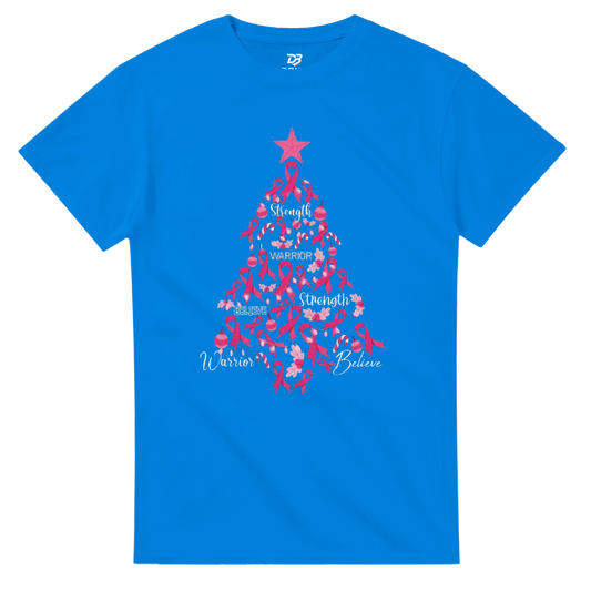 Blue crew-neck T-shirt with pink ribbon Christmas tree graphic on the front