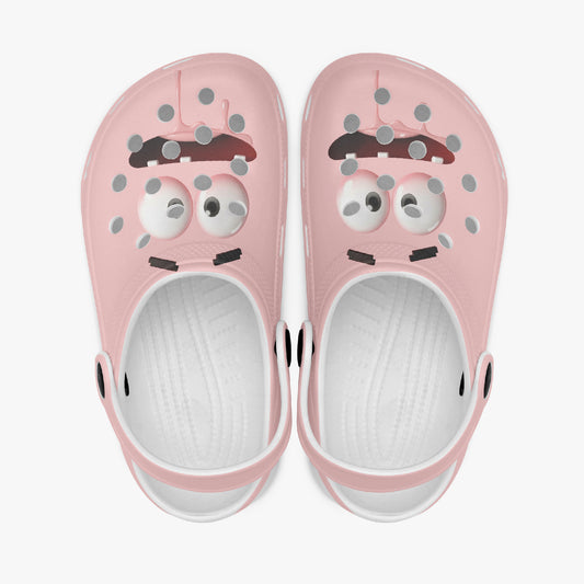 Pink kids clogs with cartoon animal face print, slip-on with round toe.