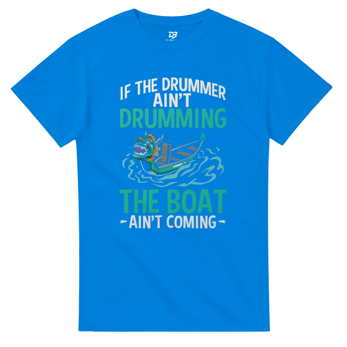 Unisex royal blue graphic t-shirt with dragon boat illustration and quote