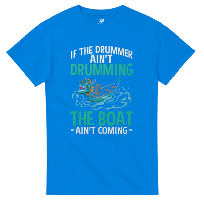 Unisex royal blue graphic t-shirt with dragon boat illustration and quote