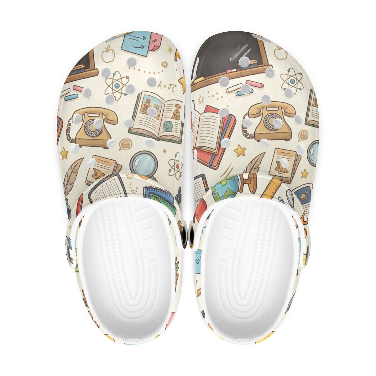 DBUKStore science teacher clogs, top view with white insoles and chemistry print uppers