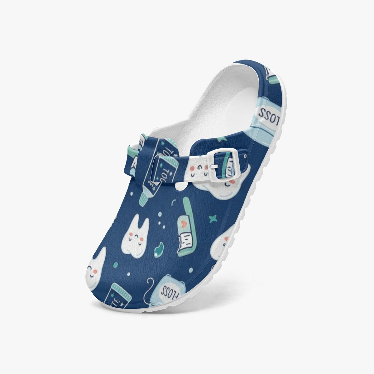 Blue EVA dental print clog with white interior, slip-on top and dental-themed cartoon print.