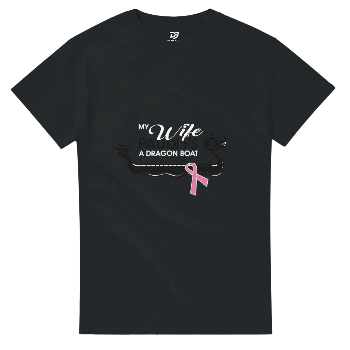 Black unisex t-shirt with dragon boat graphic and pink ribbon