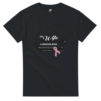 Black unisex t-shirt with dragon boat graphic and pink ribbon
