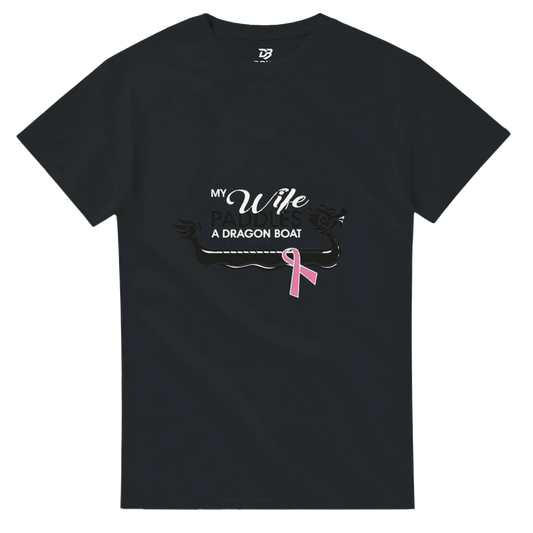 Black unisex t-shirt with dragon boat graphic and pink ribbon