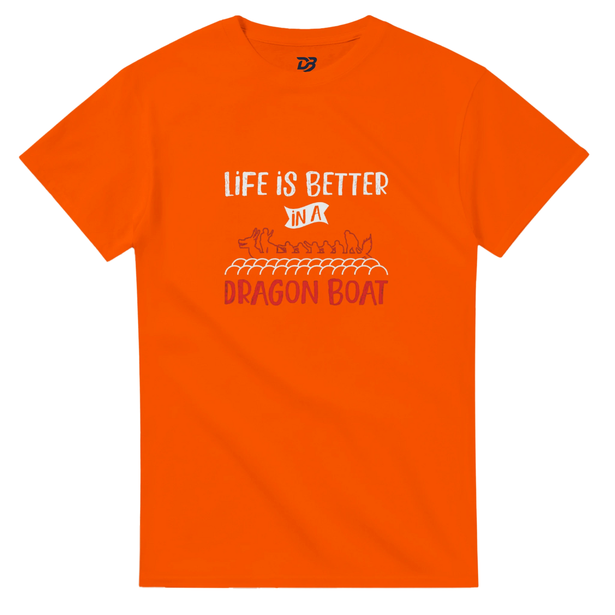 Unisex orange dragon boat graphic tee with 'Life is Better in a Dragon Boat' print