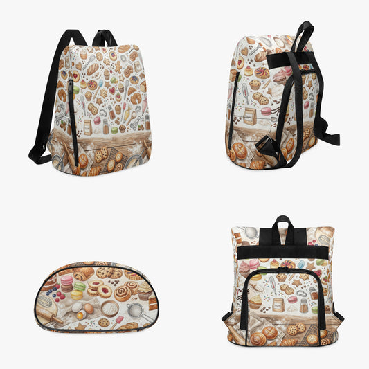 Canvas backpack with bakery pattern, shown from front, back, and side