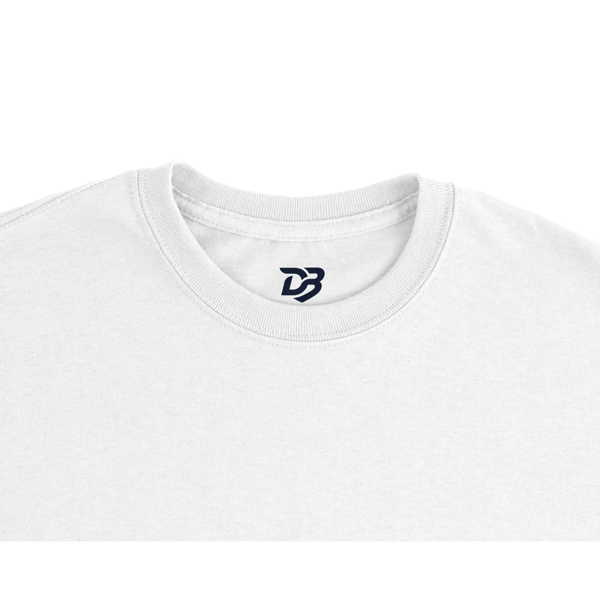 White unisex crewneck T-shirt with small DB logo on chest