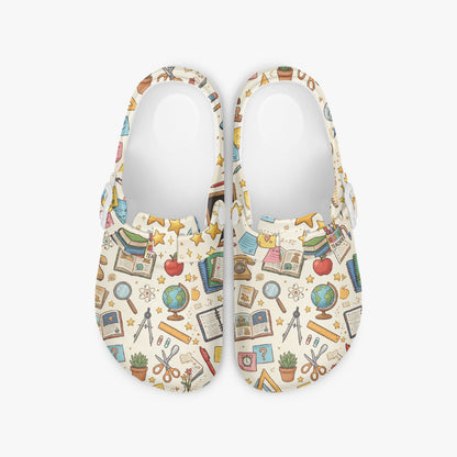 Front view of two clogs with open instep showing patterned upper on white