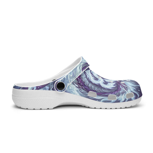 Side view dragon boat print clogs, blue and purple slip-on with white cushioned sole