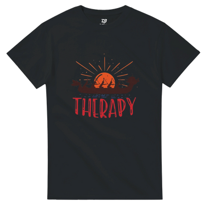 Black unisex T-shirt with dragon boat sunrise graphic and "THERAPY" print