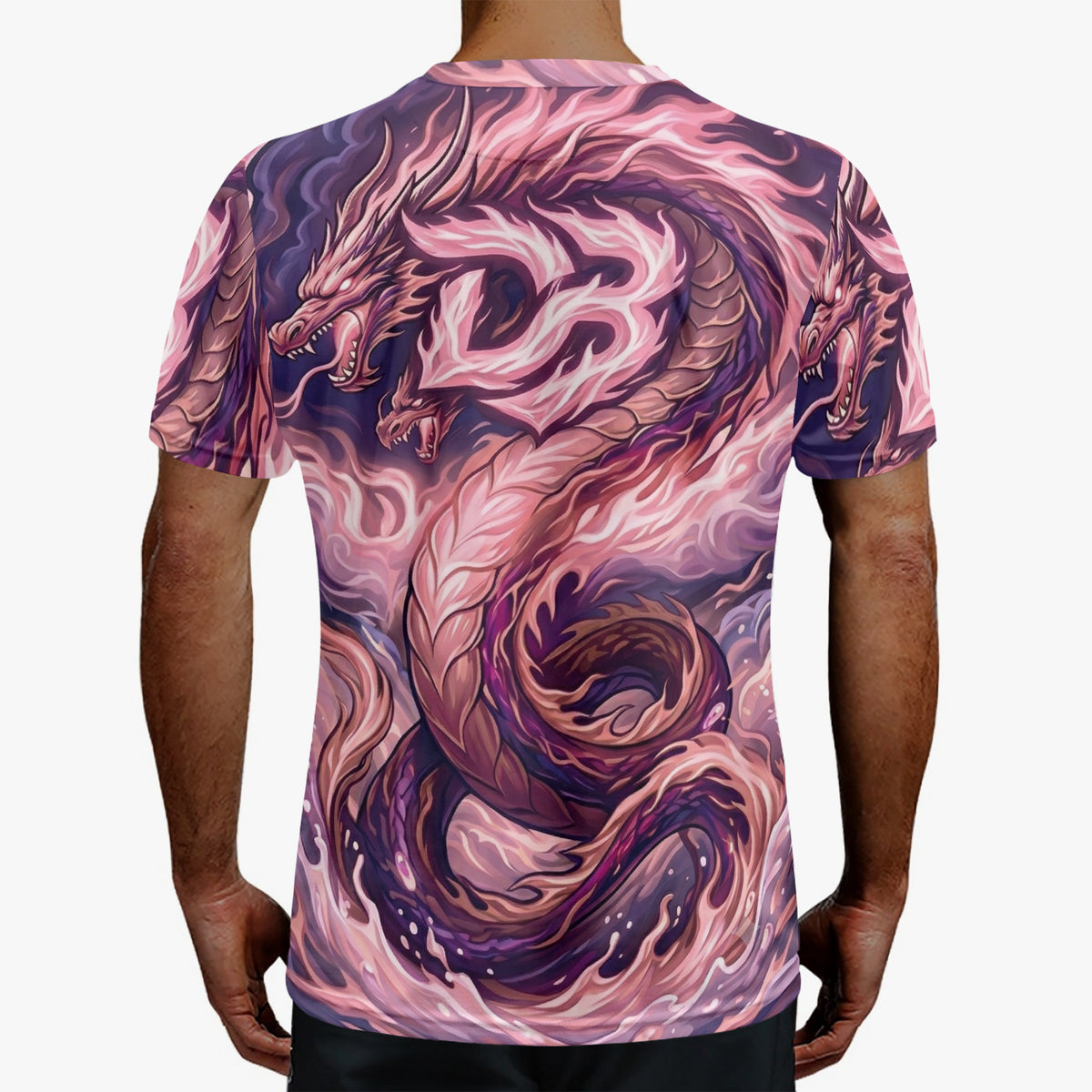 Pink and purple dragon print sports jersey, crew neck and short sleeves (back)