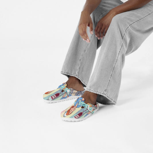 Nurse clogs worn by a person stepping forward, showing colorful cartoon nursing print.