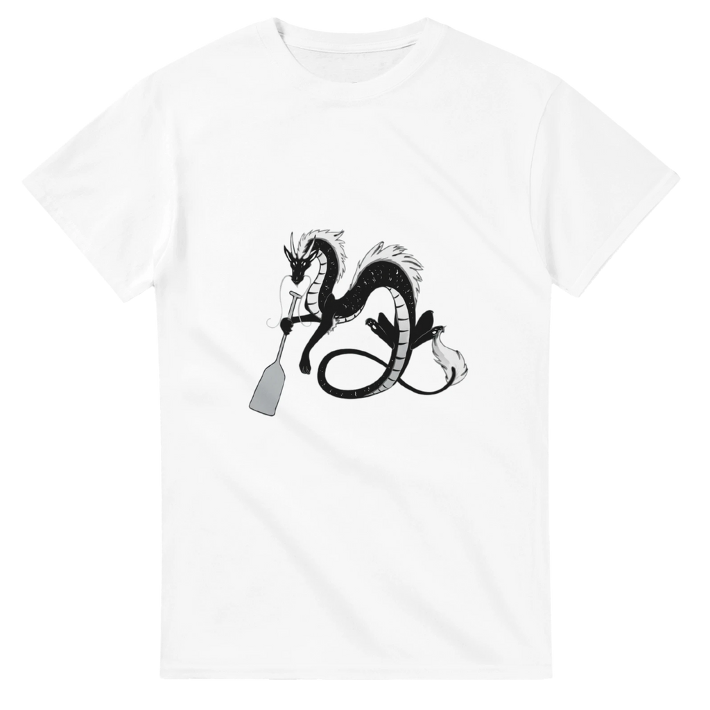 White unisex crewneck graphic T-shirt with dragon holding a paddle and ring