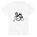 White unisex crewneck graphic T-shirt with dragon holding a paddle and ring