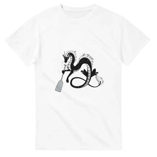 White unisex crewneck graphic T-shirt with dragon holding a paddle and ring