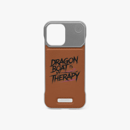 Brown leather-look iPhone case with metal bumper and 'DRAGON BOAT IS THERAPY' print