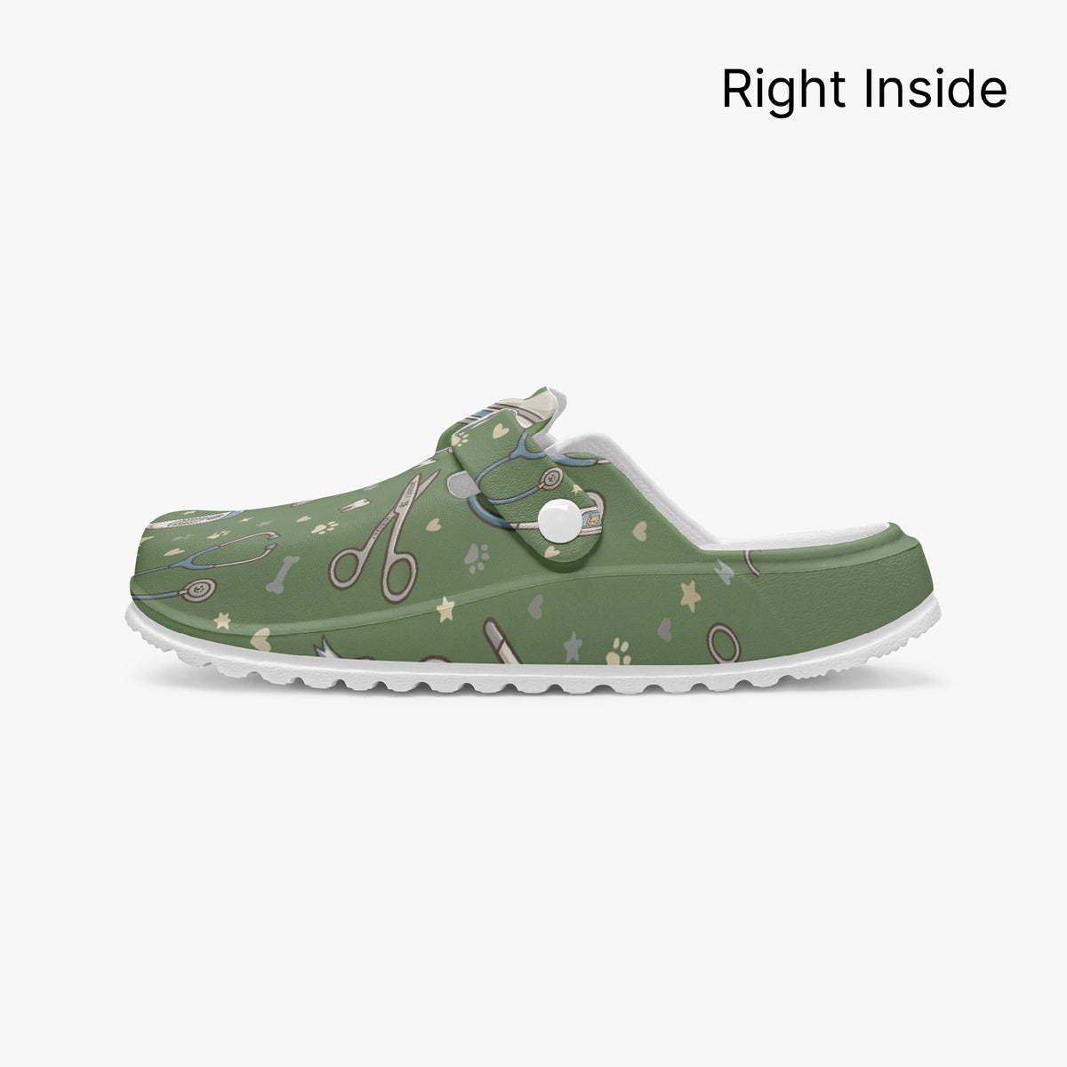 Green veterinary print EVA clog, slip-on fit with cushioned tread sole