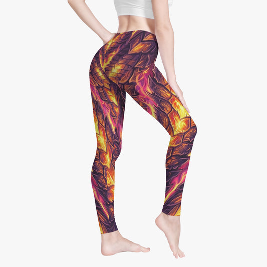 Women's leggings, purple and orange dragon scale all-over design