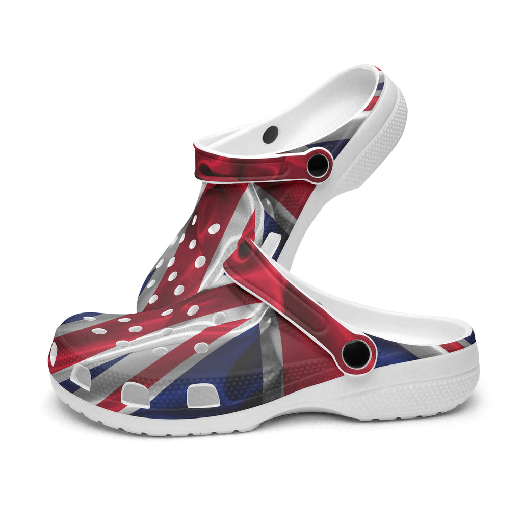 A single white clog-style sandal with a red, white, and blue Union Jack flag print on the upper, shown on a plain white background.