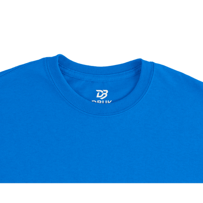 Unisex blue T-shirt crew neck close-up with small logo on collar